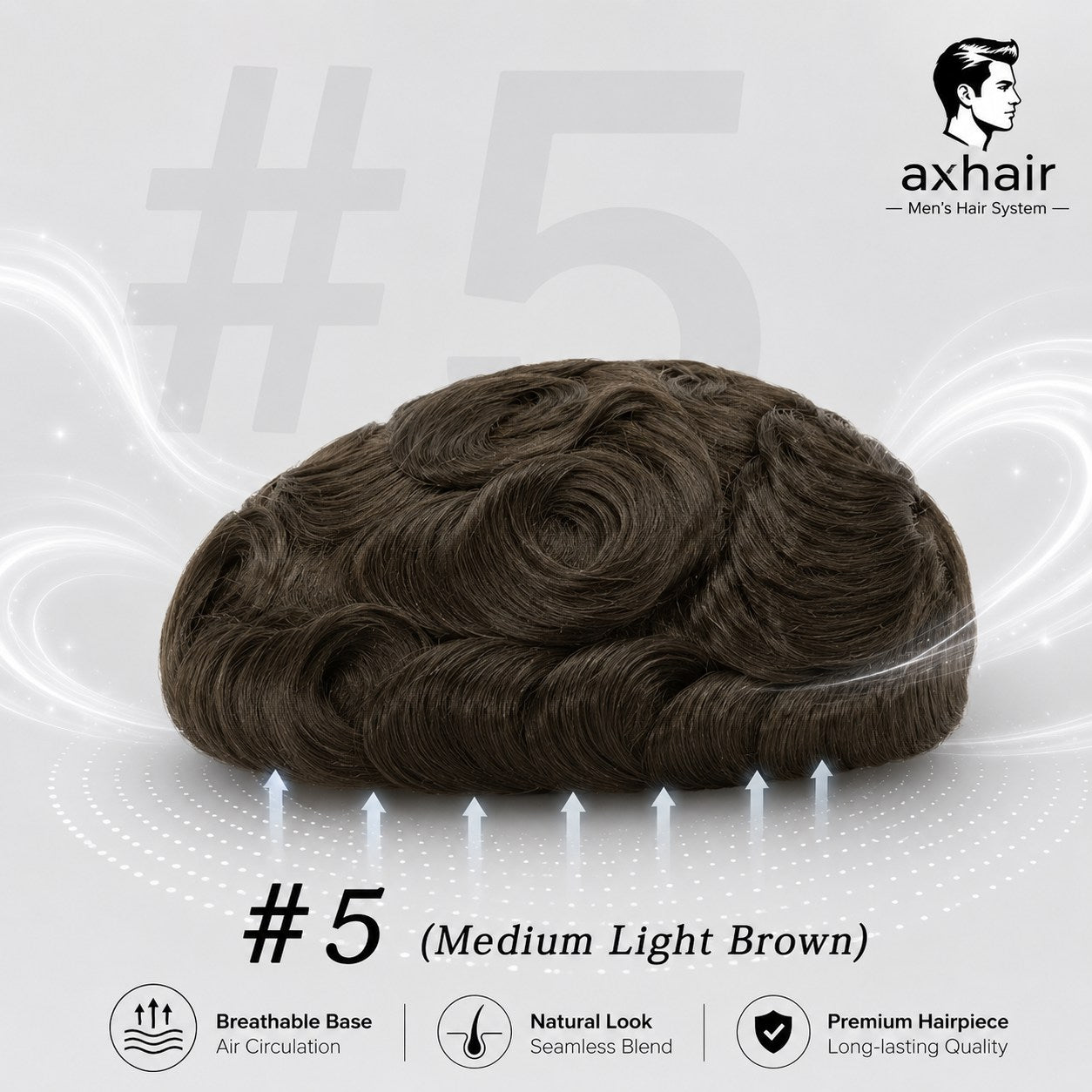 Full toupee with medium-light brown wavy hair, #5, rounded top